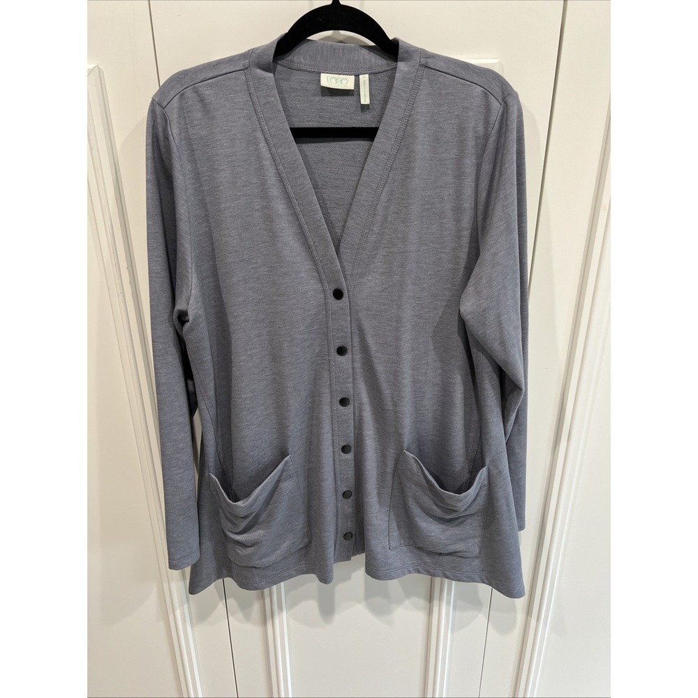 Logo Lori Goldstein L Cardigan Gray Snap Front Lagenlook Minimalist Asymmetric‎